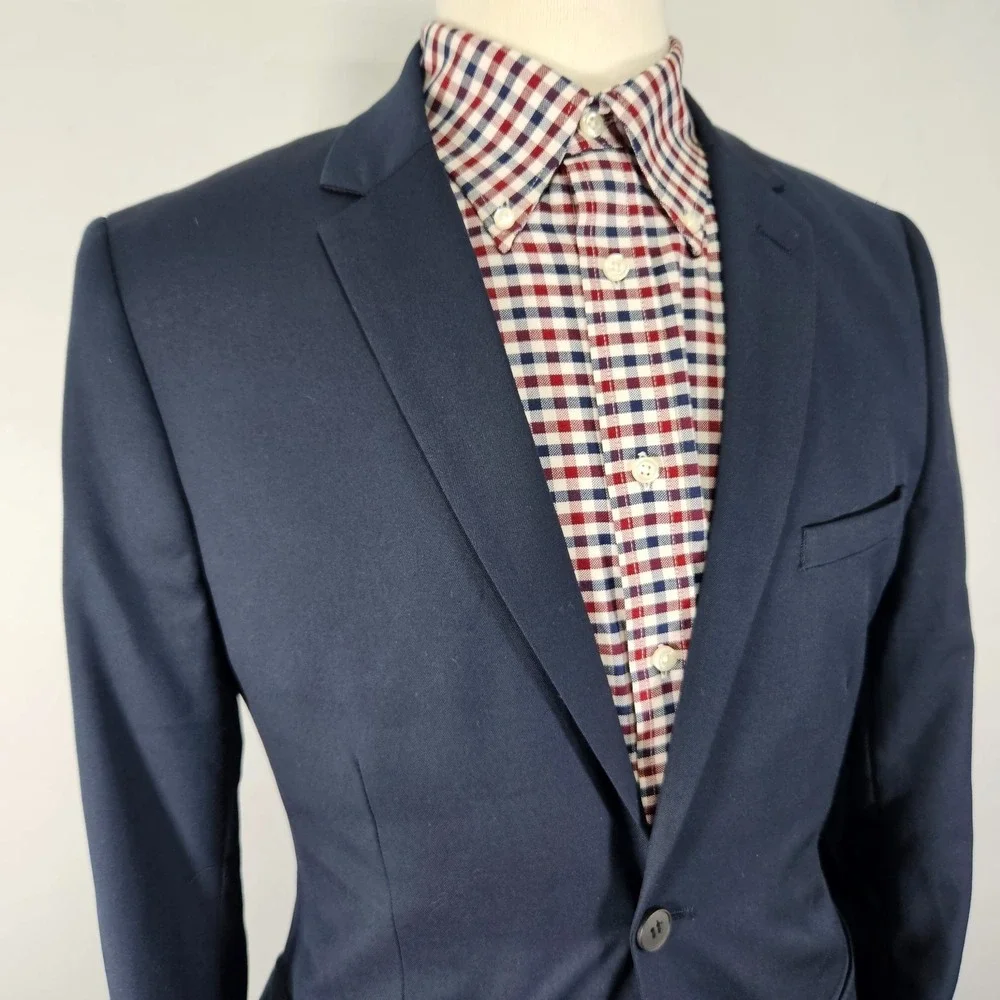 H&M Men's Two Button Sport Coat Blazer Navy Polyester‎ Blend Slim Fit 40R